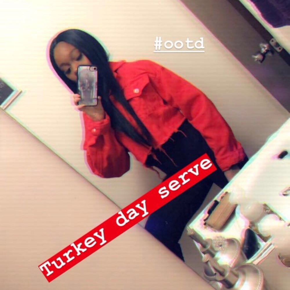 Cropped red denim jacket